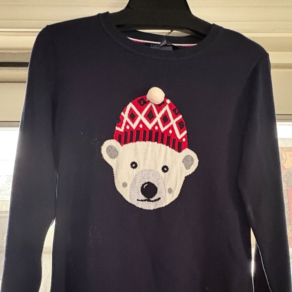 Tommy Hilfiger SMALL SWEATER Polar Bear Navy Blue Crewneck Pom Pom Trim NEW!!!
